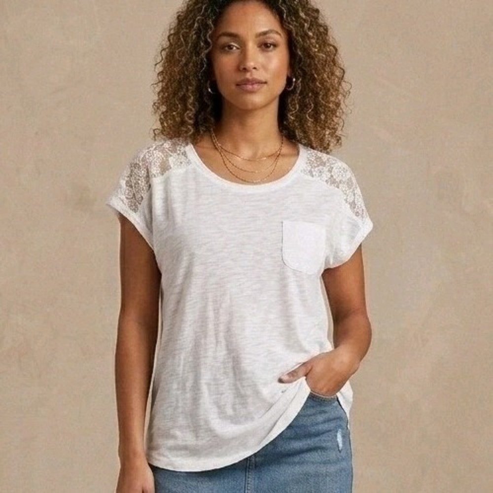 Paper + Tee Top Blouse Womens Plus Size 1X White Lace Shoulder Floral Boho Y2K